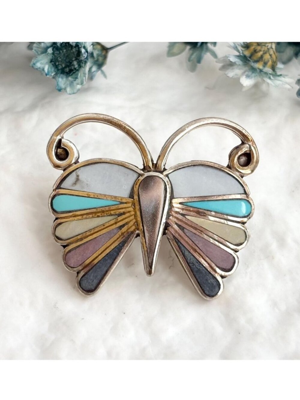 Emma Edaakie Zuni SIGNED Sterling Silver Gemstone Butterfly 925 Vintage Brooch
